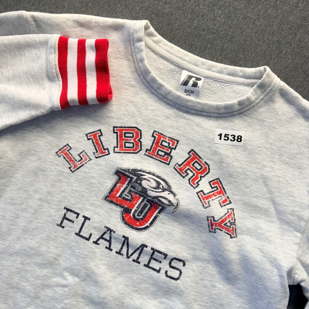 Russell Athletic Liberty Flames Cropped Sweatshirt Gray Red Striped Cuffs Small
